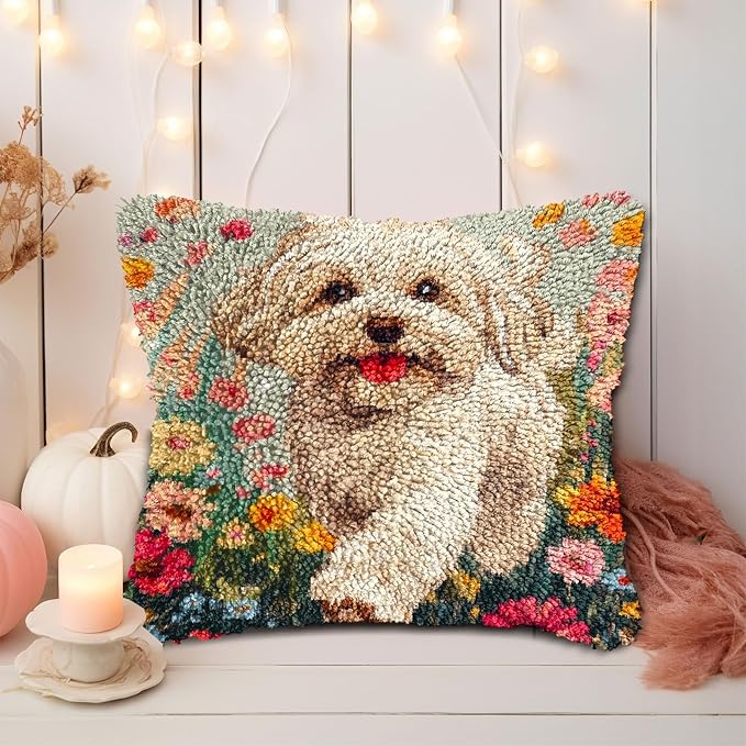 DIY Latch Hook Pillow Kits for Adults Happy Havanese Dog Running in Flowers Printed Pillowcase Crochet Yarns Hooking Handmade Pillow Cover Cushion for Home Sofa Decor 17x17inch(3)