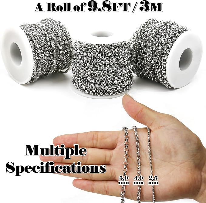 UniCrena 4mm Silver Rolo Chain Jewelry Making Supplies - 16.4ft 5m Link Chain Bulk for DIY Bracelet Hat Chains Decoration