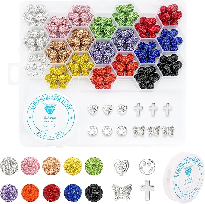 223Pcs 10mm Rhinestone Beads Kit for Jewelry Making, 10 Colors Round Disco Ball Sparkly Beads with Cross Charms and Accessories for DIY Baseball Necklace Bracelet Earring Crafting