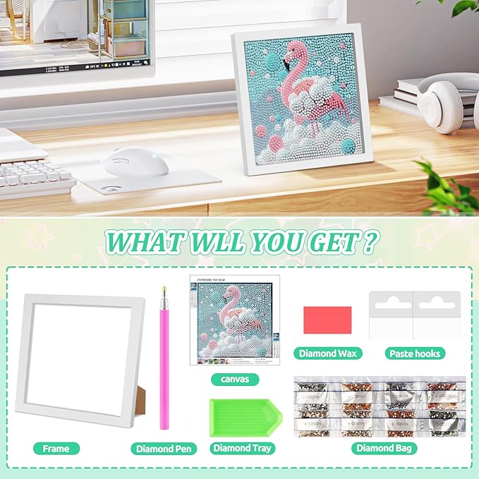 SENQAO Flamingo Diamond Art Kit for Adults with Frame Art and Crafts for Adults Ages 6-8 -10-12 Easy to DIY Diamond Art for Adults and Adult Beginners Home Wall Decoration 7.1x7.1inch