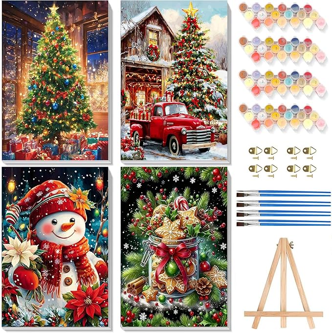 Christmas Paint by Numbers for Adults with Framed Canvas - with Wooden Easel, 4 Pack Paint by Number for Beginners, Xmas Acrylic Oil Painting on Canvas with Brushes for Home Wall Decor (8x12 inch)
