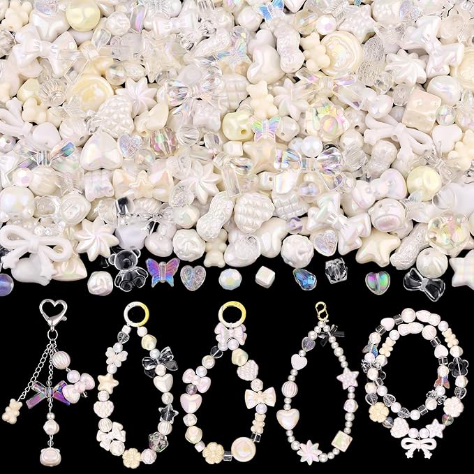 200-260pcs tinkrstuff assorted white acrylic beads for bracelet making, cute beads for jewelry making flower bow butterfly candy gummybear aesthetic bracelet charms,diy necklace keychain phone charm