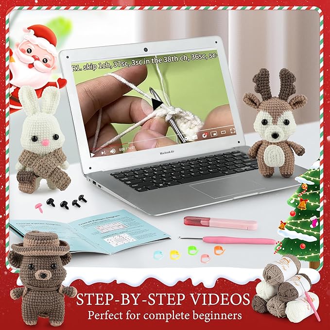 DoodleTwyst Amigurumi Crochet Kit – DIY Crochet Kit with Yarn & Tools – Fun Crochet Kits for Adults to Make Bear, Bunny & Reindeer Stuffed Animals