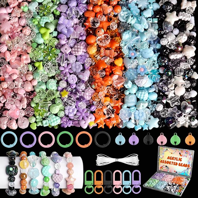 RYKOMO 600-700PCS Acrylic Beads for Bracelet Making Kit, with Bell, String, Key Rings, Clips in 6 Colors Kawaii Aesthetic Cute Beads for Jewelry Making, Keychains, Phone Charms, DIY Crafts