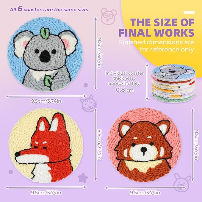 punch needle kit-6,embroidery kit for beginners,punch needle kits adults beginner,needles, curved scissors, a tool storage box, yarn, easy-to-follow instructions, and tutorial videos(6 animal coaster)