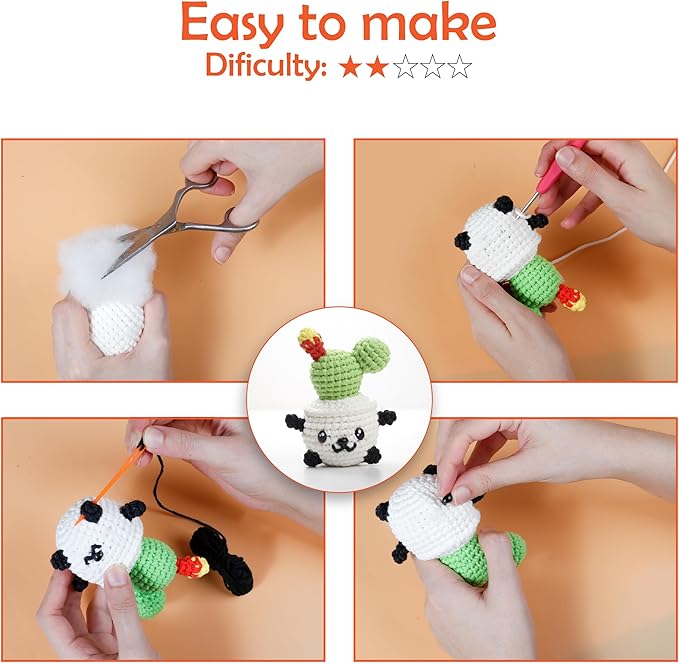 A-URA Learn to Crochet Kit for Beginners Kids and Adults, Premium Pattern Panda Cactus Beginner Crochet Kits with Easy Tube Yarn & Step-by-Step Video Tutorials
