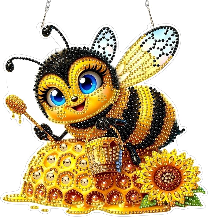 CEOVR Bee Hanging Diamond Art for Adults, Bee Honey Diamond Painting Pendant DIY Gem Art Wall Hanging Ornament, Acrylic Home Garden Decor with Chain, Box Kit 7.77×7.3inch