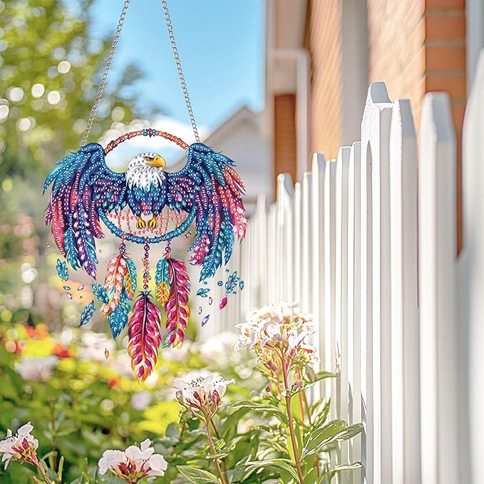 Wergund 5D DIY Eagle Diamond Art Hanging Kits, Hanging Diamond Art Dream Catcher, Acrylic Special Shaped Rhinestone, Window Hanging Pendants for Home Wall Garden Front Door Outdoor Decor Gift(Eagle)