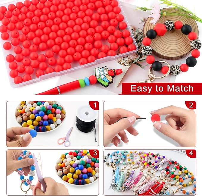 160Pcs 12mm Silicone Beads for Keychain Making Bracelet Necklace, Bulk Round Silicone Beads for Pens（Scarlet Red）