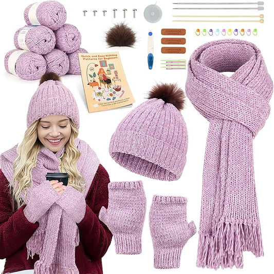 katech knitting kit for beginners adults-beginners knitting kit for adults-learn to knit kits for adult beginner kids w/step-by-step instruction-complete hat scarf gloves knitting starter kit
