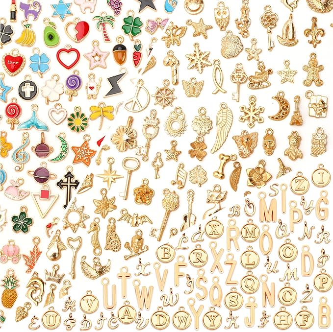 SANNIX 350Pcs Charms for Jewelry Making, Assorted Enamel KC Gold Mixed Alphabet Letters Charms Bulk for Bracelet Necklaces Earrings Making Supplies