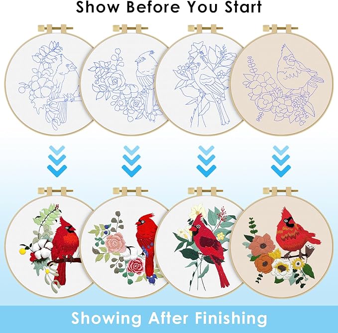 ERKOON 4 Sets Embroidery Kit, Animal Cross Stitch Set for Include Embroidery Cloth Hoops Threads for Craft Lover Hand Stitch (Cardinal)