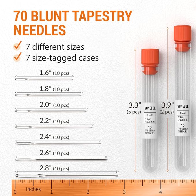 VONEEDL Large Eye Blunt Tapestry Needles (Pack of 70) - 7 Sizes with 7 Storage Tubes - Stainless Steel - Perfect for Darning, Embroidery, Cross-Stitching, Crafting, Knitting, Weaving, and DIY