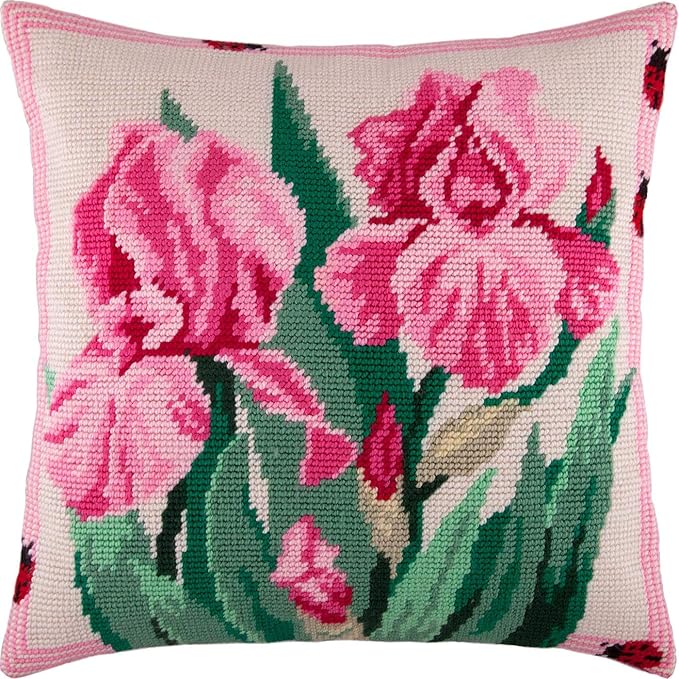 Pink Irises. Needlepoint Kit. Throw Pillow 16×16 Inches. Printed Tapestry Canvas, European Quality