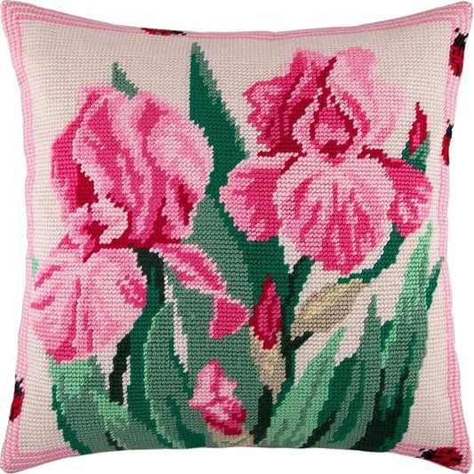 Pink Irises. Needlepoint Kit. Throw Pillow 16×16 Inches. Printed Tapestry Canvas, European Quality