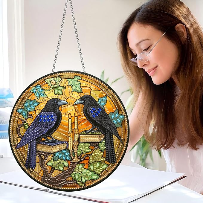 Pavemlo Hanging Diamond Art Kits for Adults Halloween Crow – 8x8 Inch Double-Sided Acrylic Board DIY Crystal Diamond Suncatcher Pendant, Sparkling Home Wall or Window Decoration Handmade Gift