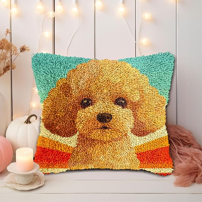 DIY Latch Hook Pillow Kits for Adults Cartoon Cute Poodle Dog Printed Pillowcase Crochet Yarns Hooking Handmade Pillow Cover Cushion for Home Sofa Decor 17x17inch(14)