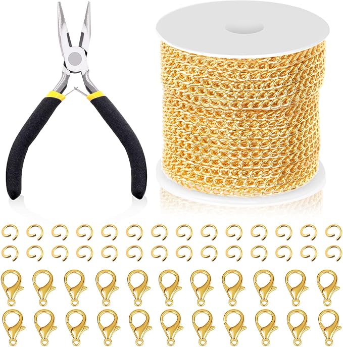Swpeet 102Pcs Gold 3mm by 10 Yard Length Jewelry Making Chains Kit with Jump Rings, Lobster Clasps and Jewelry Plier, Necklace Chains Flat Cable Link Chain Bulk Ideal for DIY Craft Jewel Making