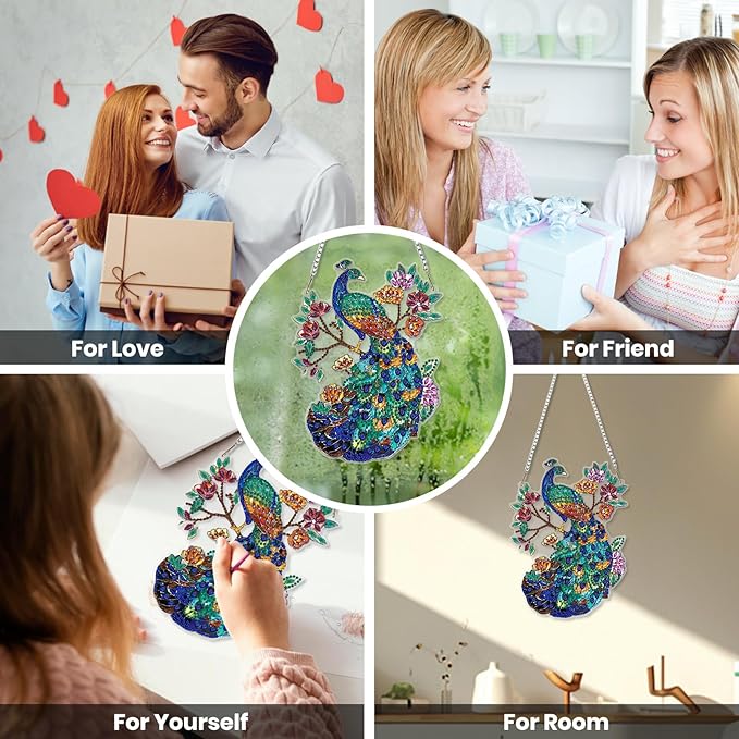 EOBROMD Diamond Hanging Art Kits for Adults Flower, Peacock DIY Special Shaped Rhinestone Kits for Adults, Diamond Art Painting Suncatcher, Window Pendants Home Garden Wall Hanging Ornament