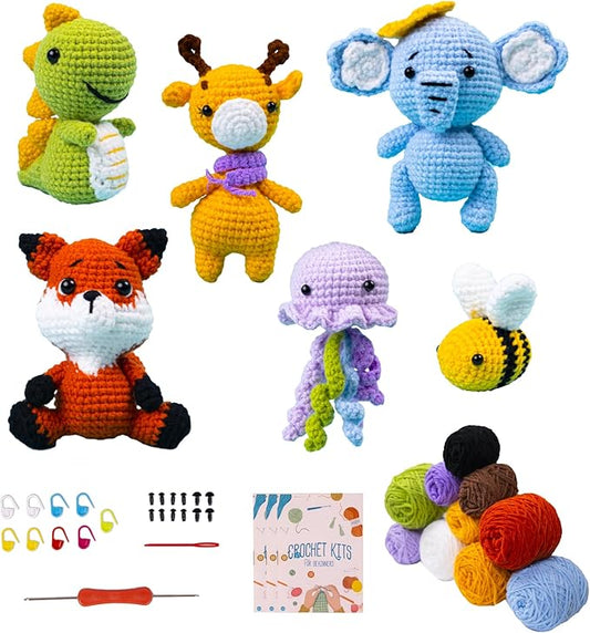 CROBABIO 6Pcs Crochet Kit for Beginners, 2026 DIY Craft for Adults and Kids, Great Gift for Crochet Lovers, Crocheting Animal Kits with Step by Step Videos,Yarn,Crochet Hook,Birthday Holiday Gift
