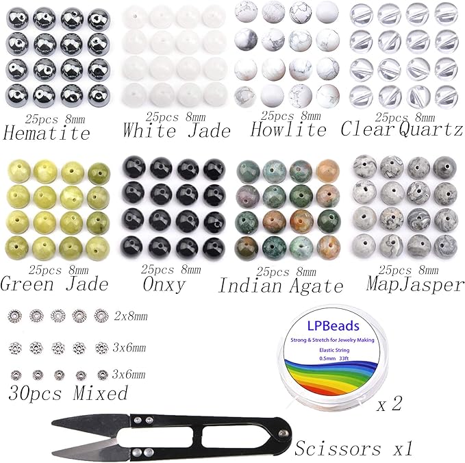 LPBeads Natural Stone Beads Set Kits 8mm Round Loose Gemstone Assorted Color with Accessories Tools for Bracelet Jewelry Making (100% Natural Stone Beads Kit 4)