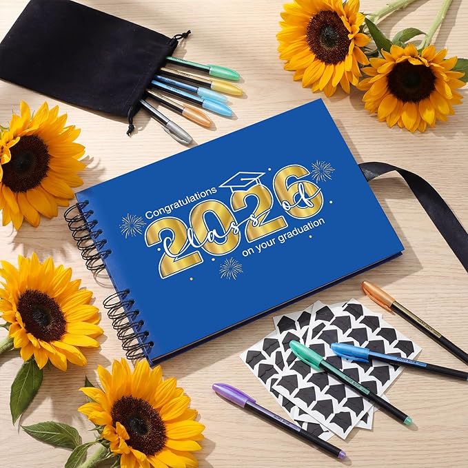 80 Pages Graduation Scrapbook Kit 11 x 8 Inch Photo Album of 2026 Graduation Decoration with 12 Metal Pens and 4 Sheets Stickers for DIY School Congrats Grad Memory Book to Sign(Blue)