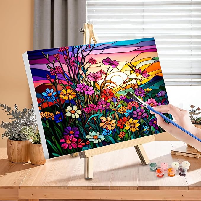 Flower Paint by Numbers for Adults with Framed Canvas-with Wooden Easel,Paint by Number on Canvas Stained Glass,DIY Acrylic Oil Painting Kits with Brushes Nice Gift Box for Home Wall Decor(16x20inch)