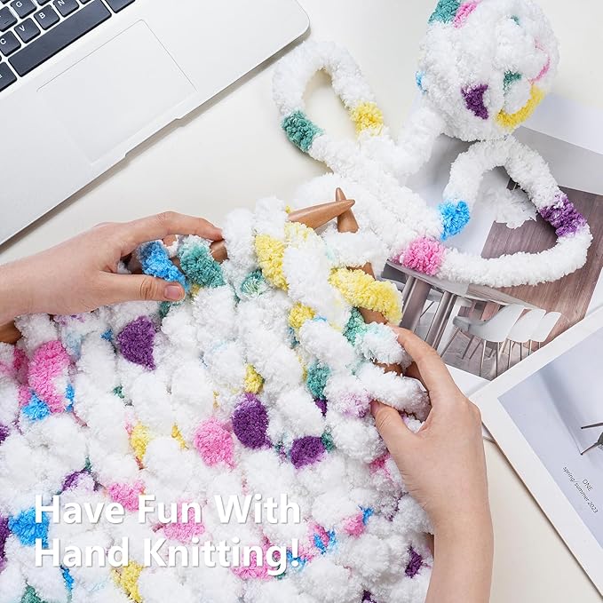 Chunky Yarn for Hand Knitting - #10 Chunky Chenille Blanket Yarn, Jumbo Big Thick Chunky Yarns for Crocheting, Tie Dye Bulky Knit Yarns, 8 Skein (25 yds 8 oz Each Skein), Rainbow & White