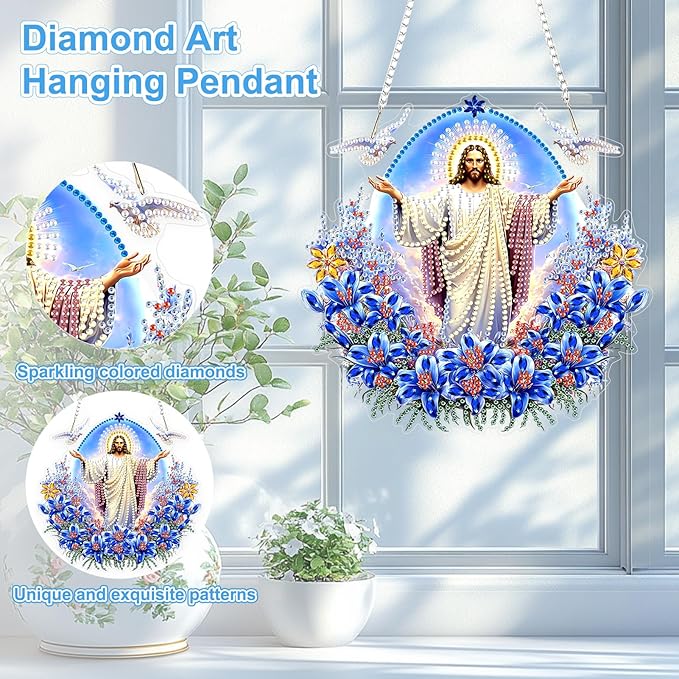 TOSTOG Diamond Art Hanging Kits for Adults, 5D Jesus Diamond Paintings for Adults Window Pendant, Special Shape Diamonds DIY Jesus Diamond Paintings Hanging Pendant Kit for Wall Decor Gift