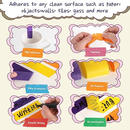 colorful masking tape for arts and crafts, handmade labels, painters tape, painters tape, kids art supplies. each roll is 1 in x 14.2 yards (2.5cm x 13m), 7 rolls of different color tapes in a box.