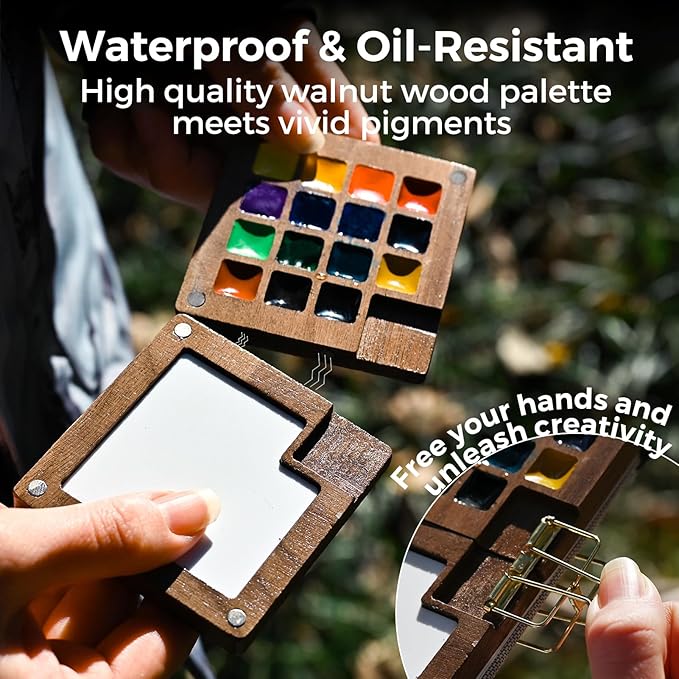 Funto Mini Watercolor Paint Set, All-in-One Walnut Wood 15-Color Premium Pocket Travel Paint Kit, with Crossbody Bag,Watercolor Journal, Metal Clip, Paint Water Cup, Water Brush Ideal for Art Lovers