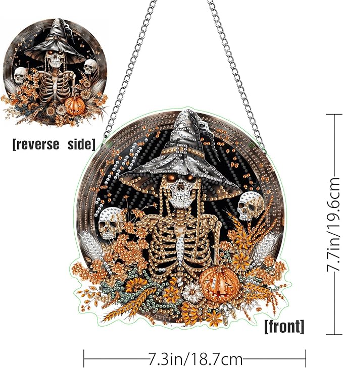 LOMSIOY Diamond Art Hanging Kit for Adult, Halloween Front Door Sign Window Decor for Outdoor, Skeleton Double Sided Summer Decor Suncatcers for Porch, Hanging Pendants for Garden Wall （8x8 Inch