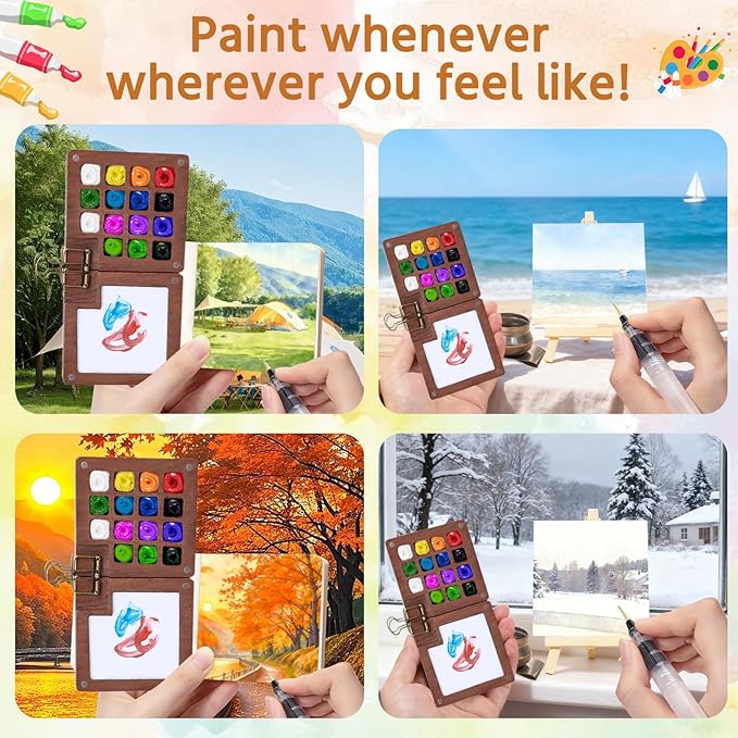 Mini Watercolor Travel Paint Set,34Pcs Artist Watercolor Palette Travel Set with Colors,Wooden Paint Box,Brush,Holder,Oil Cup,Plastic Bottles Storage Bag for Beginners Artists Student(15 Grids)