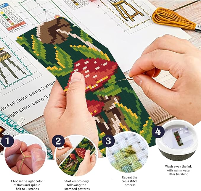 ORIGACH 6 Pcs Cross Stitch Bookmark Kit for Beginner with Backing Felt Floss Instruction Mushroom Plants DIY Stamped Embroidery Bookmark Kit for Starter Adults Book Lovers
