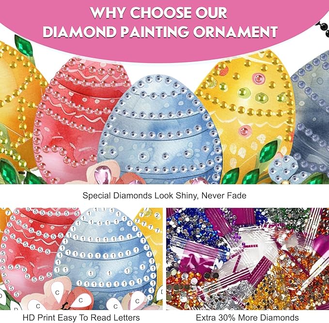 NEWENMO Happy Easter Day DIY Hanging Diamond Art Pendant Kit, Special Crystal Diamond Painting Ornament Kit for Adults Beginners, Double Sided Acrylic Board Gem Painting Box Kits, Colored Easter Eggs