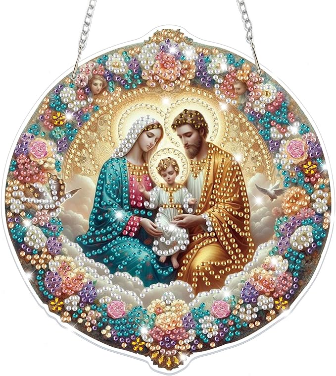 Bowetile Nativity Sence Diamond Art Hanging Kits for Adults, Christmas Diamond Art Suncatchers, 5D Special Shape Diamond Painting Pendant Window Ornament Christmas Gifts for Home Door Wall Decor