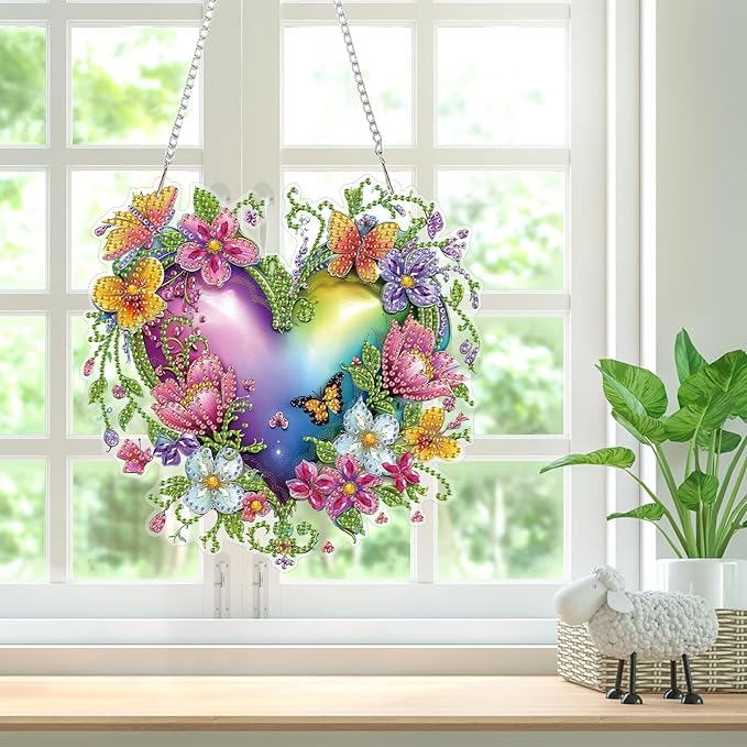 Heart-Shaped Flower Diamond Art Hanging Kits for Adults, Diamond Art Suncatchers Flower, 5D Special Shape Diamond Painting Pendant Window Ornament Gifts for Home Door Wall Garden Decor