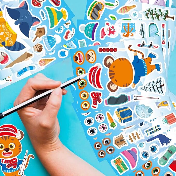 24 sheets winter stickers for kids toddlers, make-a-face sticker, make your own stickers with 12 designs of animal owl penguin snowman bear sticker for winter party decorations supplies