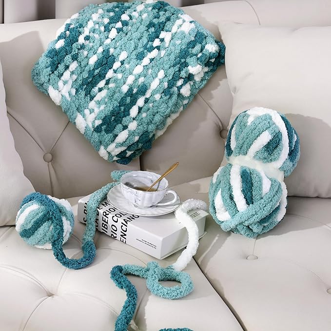 HOMBYS Chunky Tie Dye Mix Chenille Yarn for Hand Knitting, Super Bulky Jumbo Yarn for Crocheting, 3/4" Thick Soft Plush Yarn for Blankets, 8 Skein Pack (26 yds / 7.5 oz Each) Blue Multi,White