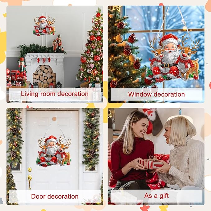 MAXBYE Christmas Diamond Art Kit for Adults, Santa Claus Acrylic Diamonds Painting Hanging Pendant Kit, 5D DIY Elk Gem Art Kit for Home Wall Decor