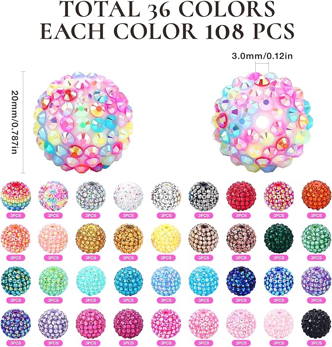 108pcs 20mm Rhinestone Beads for Pens, 36 Colors DIY Round Crystal DIY Disco Ball Resin Rhinestone Chunky Spacer Beads, Jewelry Making, Bracelets, Necklace
