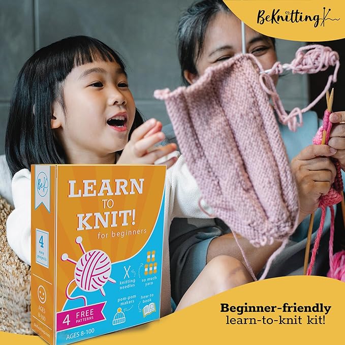 BeKnitting Knitting Kit for Beginners Adults & Kids - Learn to Knit - Yarn, Pompom Makers, Needles & Other Supplies | Holiday Gifts, Gift-Ready Box