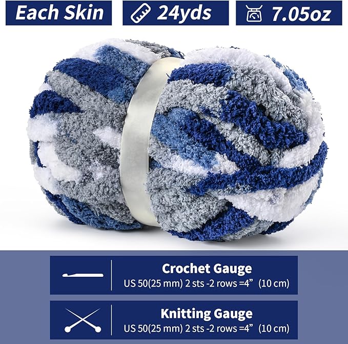10 Pack Jumbo Chunky Yarn for Hand Knitting, Fluffy Chunky Chenille Yarn for Crocheting, Variegated Chunky Knit Baby Blanket Yarn, 240 yds /70.5 oz Super Bulky Yarn（Blue-White）
