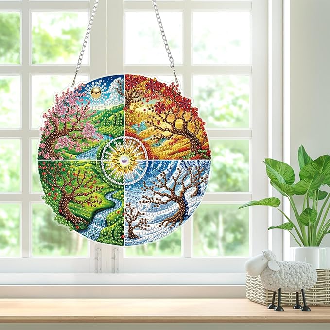 Bowetile Four Seasons Diamond Art Hanging Kits for Adults, Diamond Art Suncatchers Landscape, 5D Special Shape Diamond Painting Pendant Window Ornament Gifts for Home Wall Decor