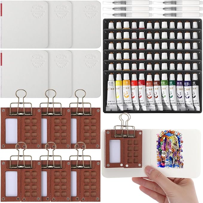 6 Set Mini Watercolor Paint Set Paint Palette Travel Kit Pocket Artist Watercolor Travel Kit with Wooden Grid Palette Box Sketchbook Brush Pens Paints Clips for Beginners Artists Painters
