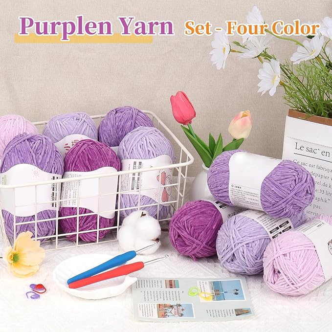 Coopay Skinny Chenille Yarn for Crocheting and Knitting, 12 Pack of 50g/1.76oz-1764yd Total, Soft Velvet Yarn of Baby Weights - Suitable for Baby Blankets, Plush Toys - Super Soft (Purple Gradient)