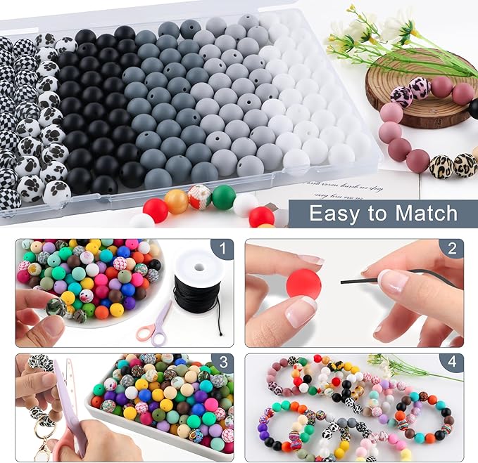 150Pcs Mixed Color 15mm Silicone Beads for Keychain Making, White Black Print Silicone Beads for Pens and Bracelet Jewelry Making