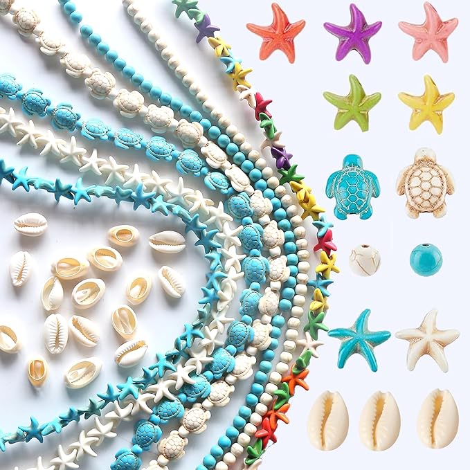 307Pcs Turquoise Sea Turtle Beads Blue and White Starfish Beads Tortoise Turtle Charms Summer Ocean Animal Spacer Bead for Jewelry Making DIY Bracelet Necklace(7 Strings)