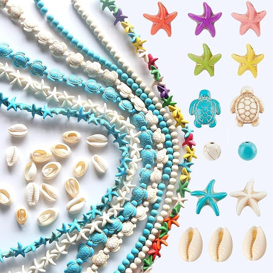307Pcs Turquoise Sea Turtle Beads Blue and White Starfish Beads Tortoise Turtle Charms Summer Ocean Animal Spacer Bead for Jewelry Making DIY Bracelet Necklace(7 Strings)