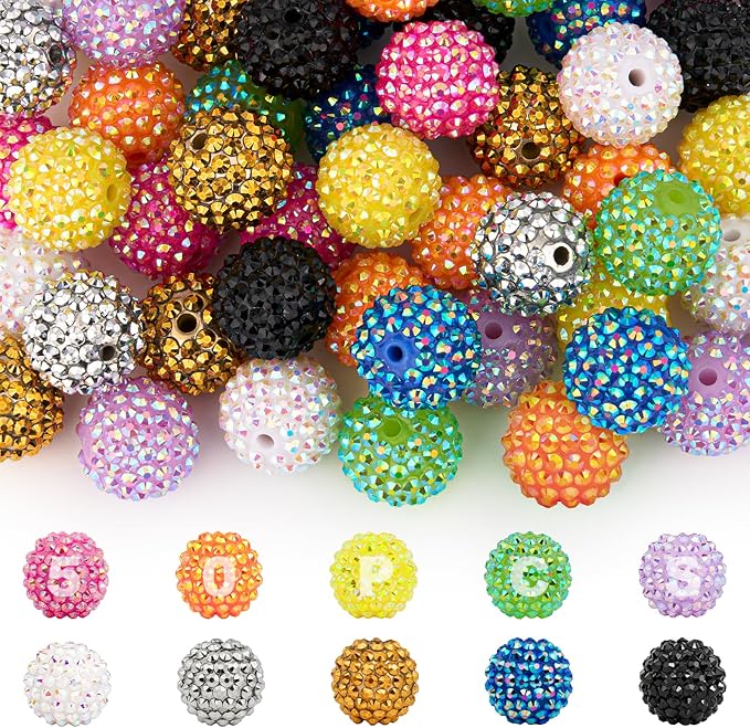 50Pcs 20mm Resin Rhinestone Beads for Pens, Round Sparkly Disco Ball Chunky Bubblegum Beads Bulk for DIY Beadable Pens Keychain Necklace Bracelet Jewelry Making (10 Colors)